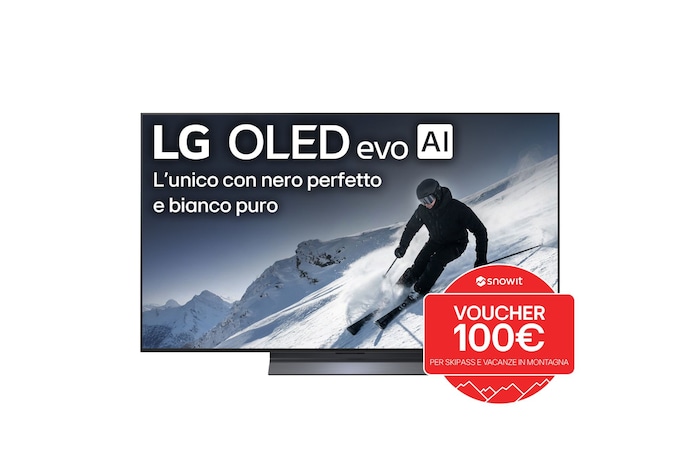 Vista frontale di una TV 55 pollici LG OLED evo AI C5 4K Smart TV 2025 OLED55C5ELB con bollo promozione